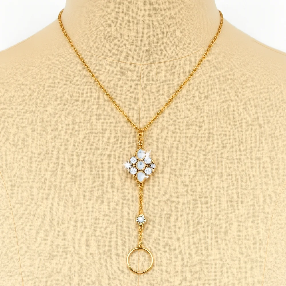 Vintage Gold Chain Necklace with 4 Rings & Pearl Crystal Pendant -  Bracelet
